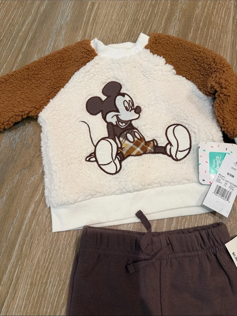 Disney Baby Mickey Sherpa Top with Brown Joggers- Cream & Brown- NWT- 6/9M